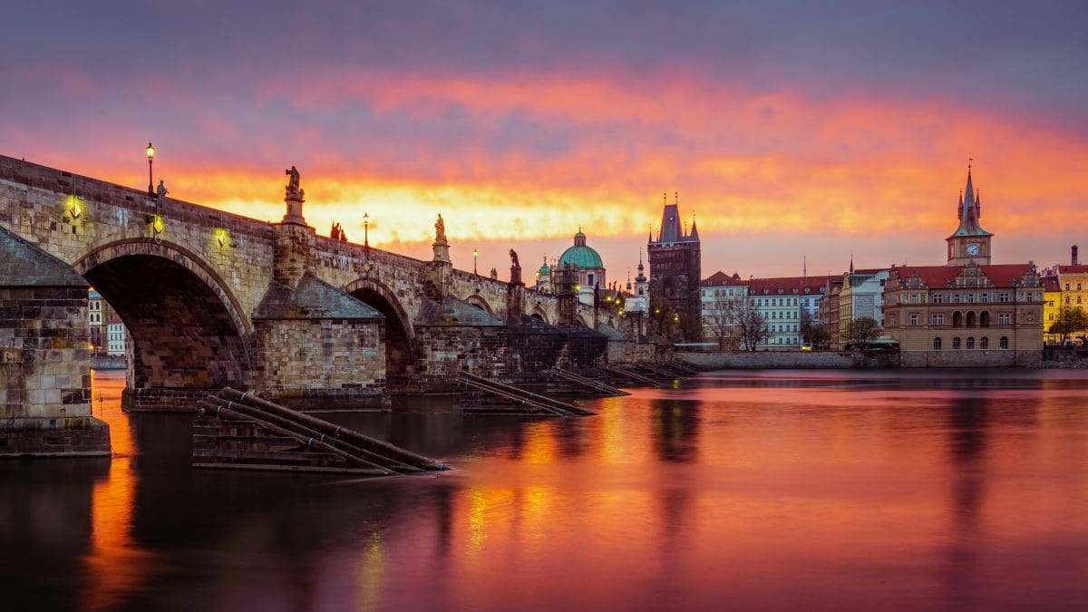 View of charles bridge at sunset